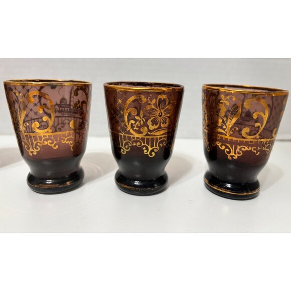 Vintage Decanter Cordial Set with 6 Shot Glasses Amethyst Purple and Gold Gilt - Picture 8 of 10